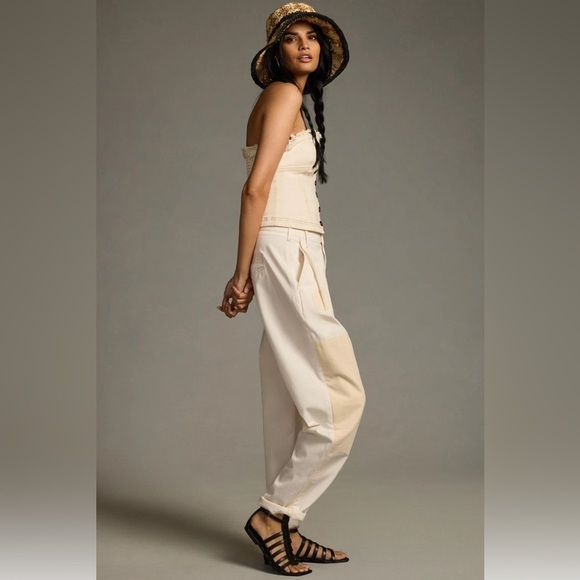 Anthropologie Pilcro Rolled Hem Utility Beige Patch Chinos Barrel Pants - Picture 3 of 13